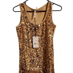 Christina Love Tank Top Sparkly Gold Sequins Party Blouse Womens L New